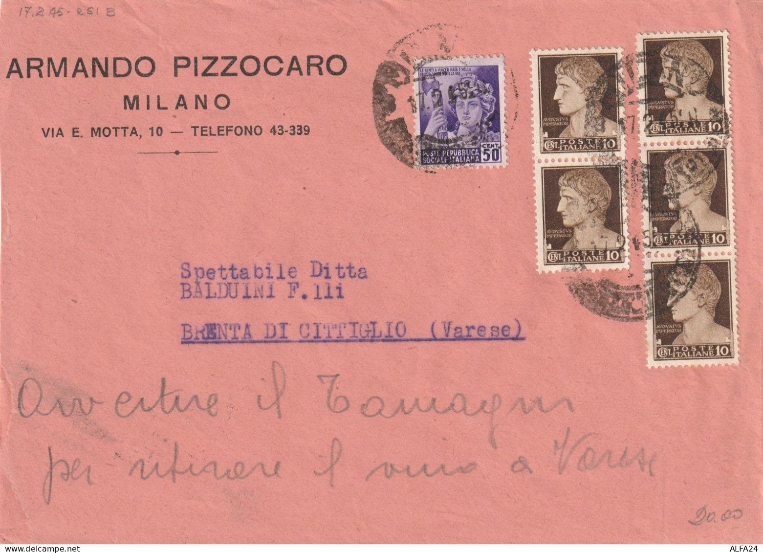 LETTERA 1945 RSI 5X10 SS+50 MON DIST TIMBRO CITTIGLIO VARESE (YK631 - Poststempel