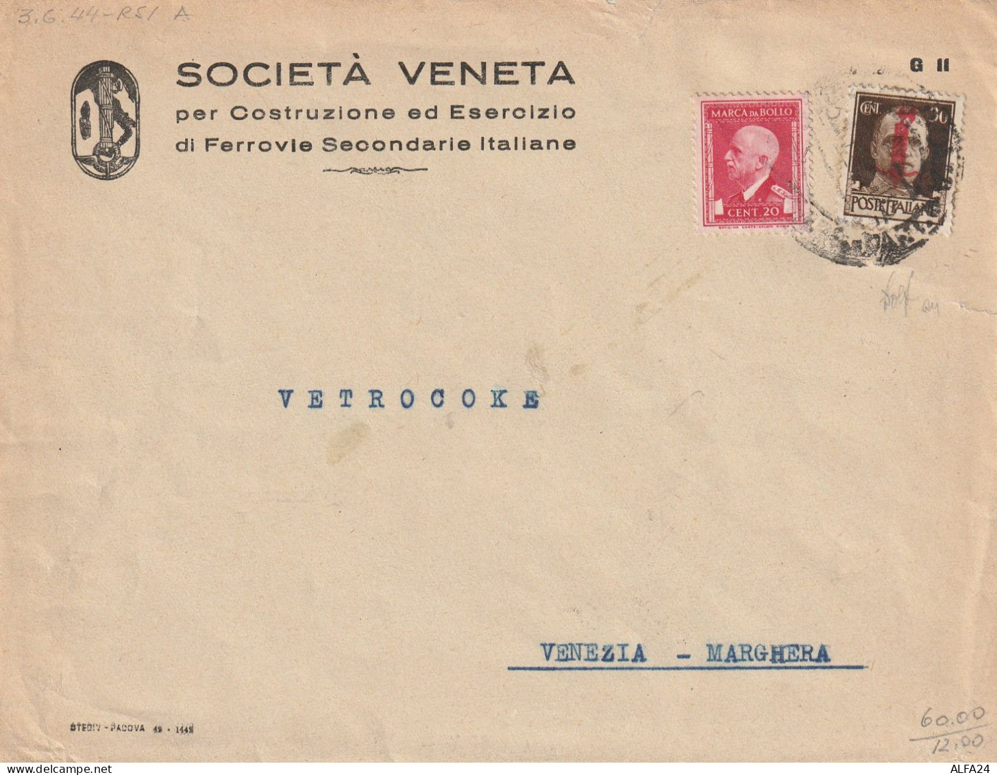 LETTERA 1944 RSI C.30 SS+MDB 20 FIRMA PERITO (YK600 - Marcophilia