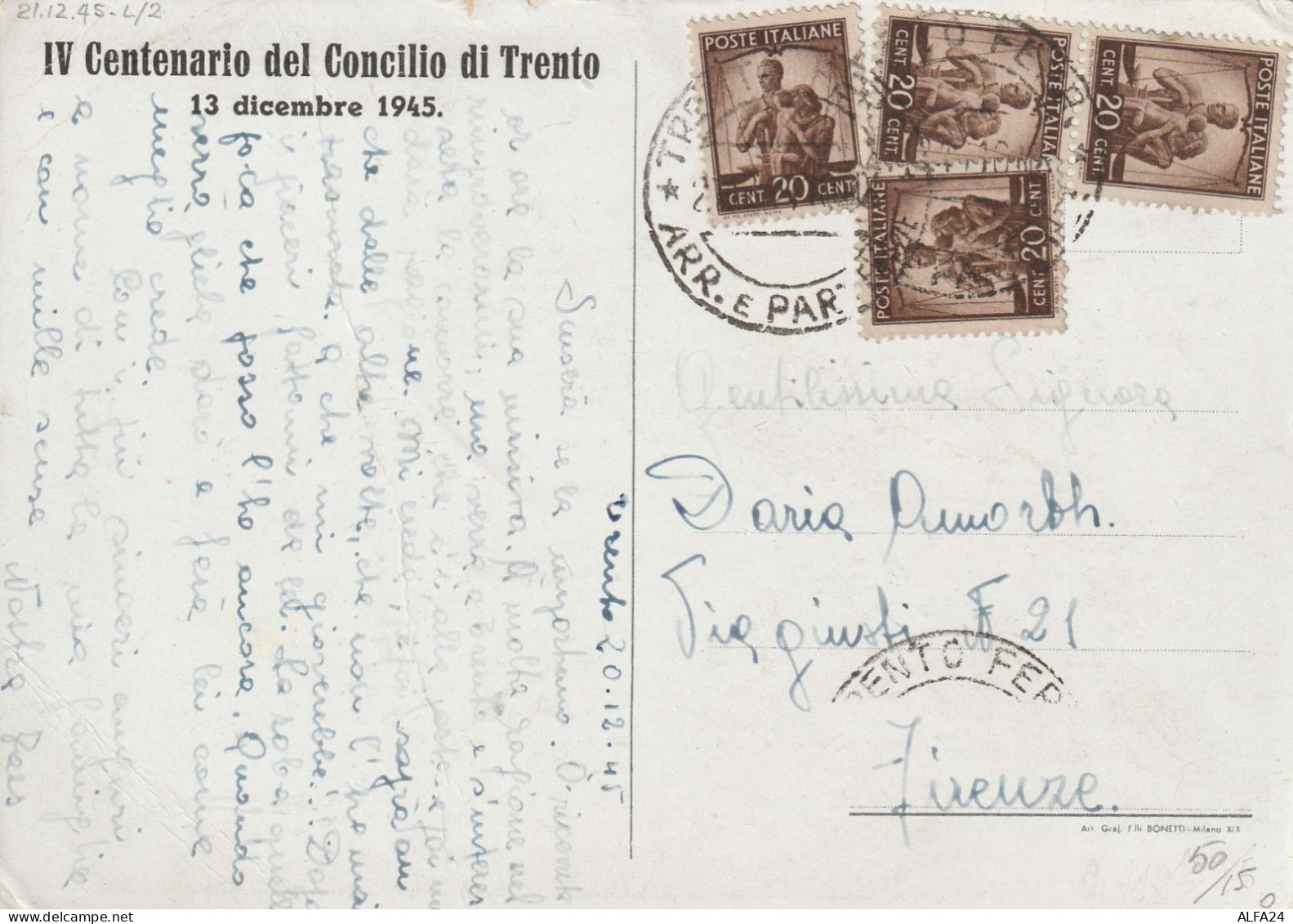 CARTOLINA 1945 LUOGOTENENZA 4X20 TIMBRO TRENTO (YK588 - Marcophilia