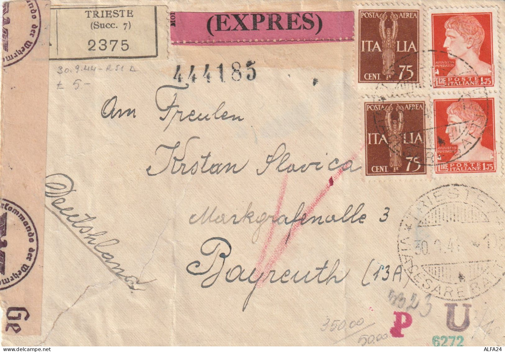 ESPRESSO 1944 RSI 2X75 PA +1,75 TIMBRO TRIESTE CENSURA NAZISTA (YK571 - Marcophilie