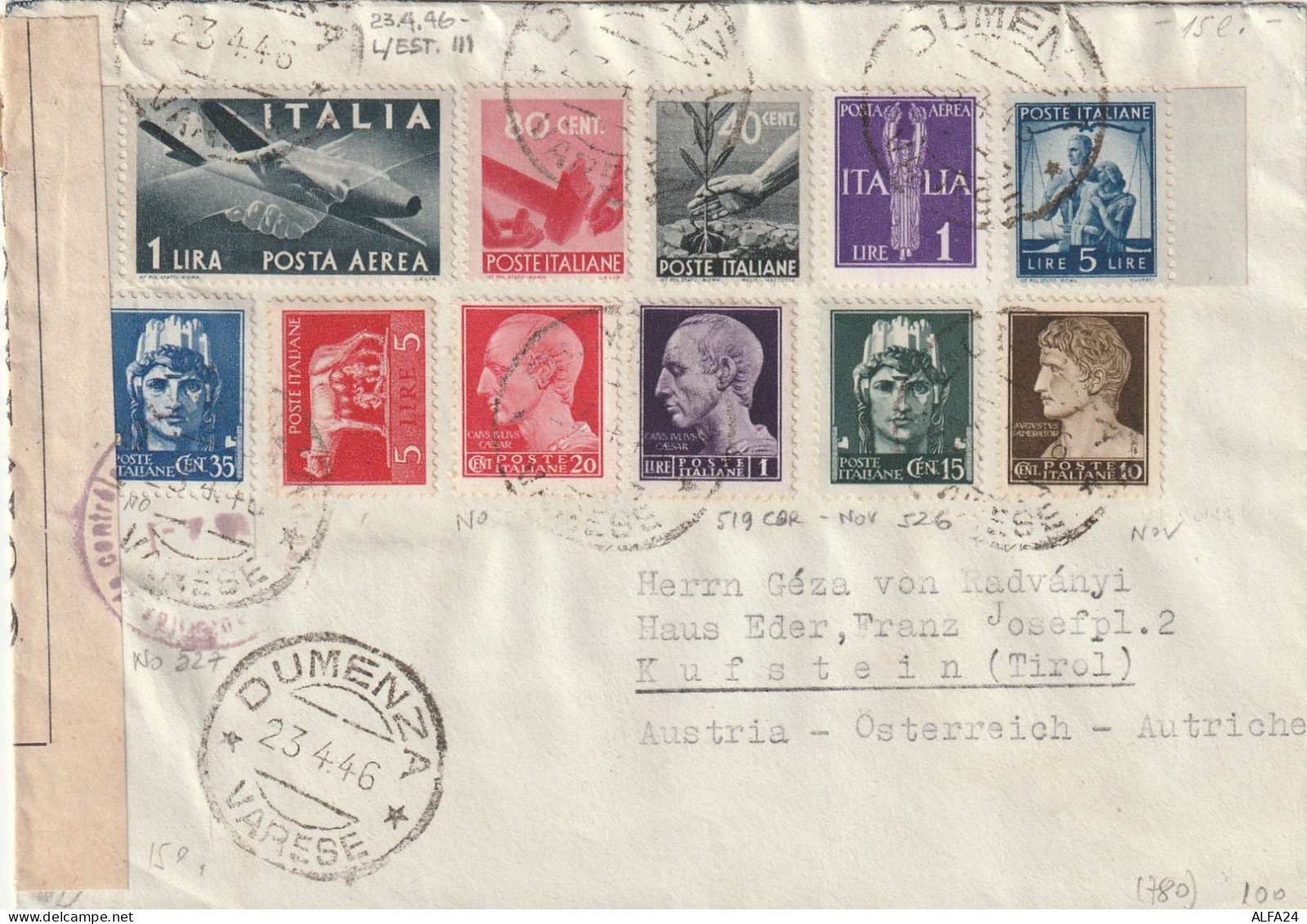 LETTERA 1946 LUOGOTENENZA VARI VALORI DIRETTA AUSTRIA TIMBRO DUMENZA VARESE (YK567 - Storia Postale