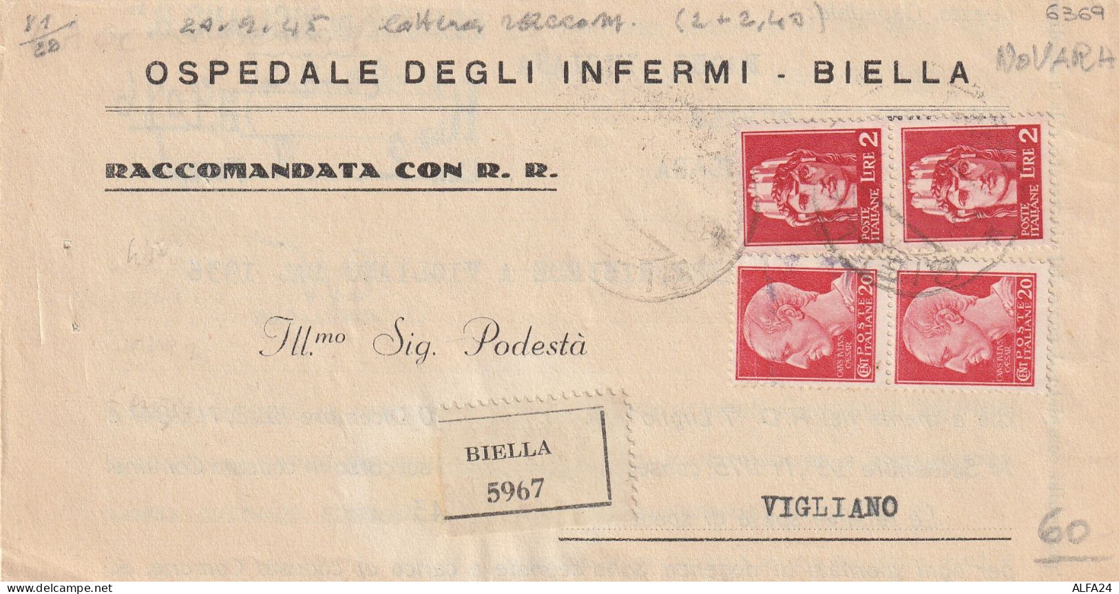 RACCOMANDATA 1945 LUOGOTENENZA 2X2+2X20 TIMBRO BIELLA VERCELLI  (YK555 - Marcophilia