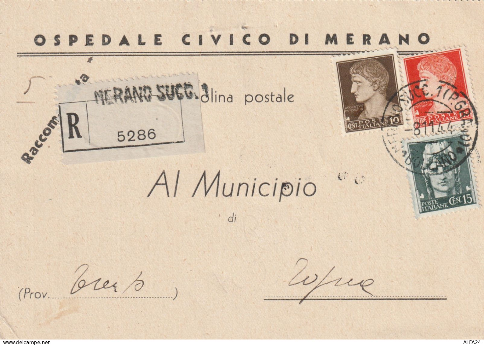 RACCOMANDATA 1944 RSI 1,75+15+10 TIMBRO MERANO TRENTO (YK552 - Marcophilie