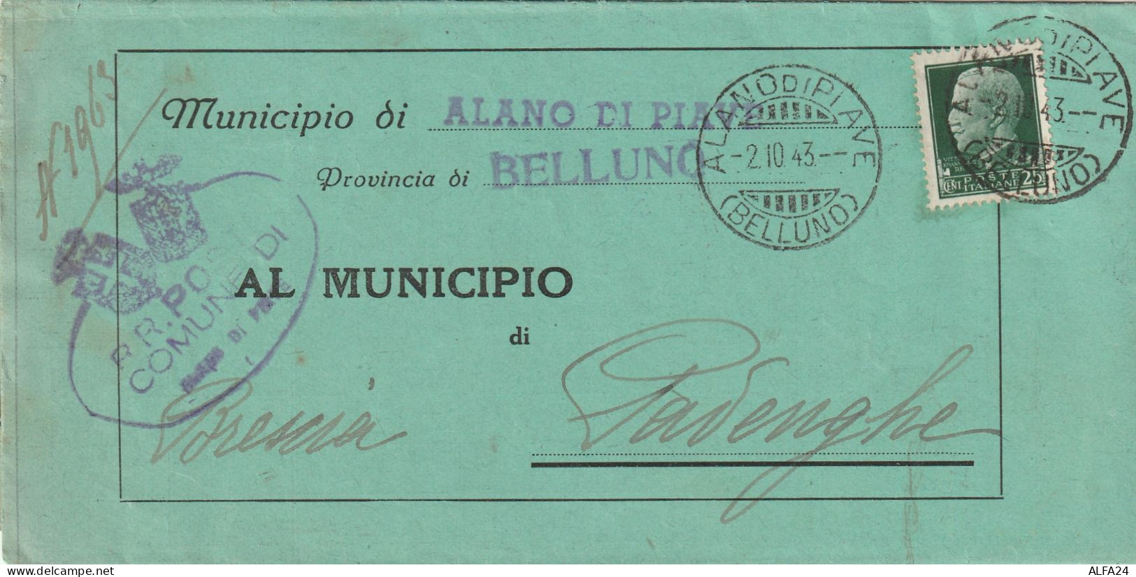 LETTERA DOPPIA SPEDIZIONE 1943 RSI C.25---30 TIMBRO ALANO DI PIAVE BELLUNO BRESCIA (YK549 - Poststempel