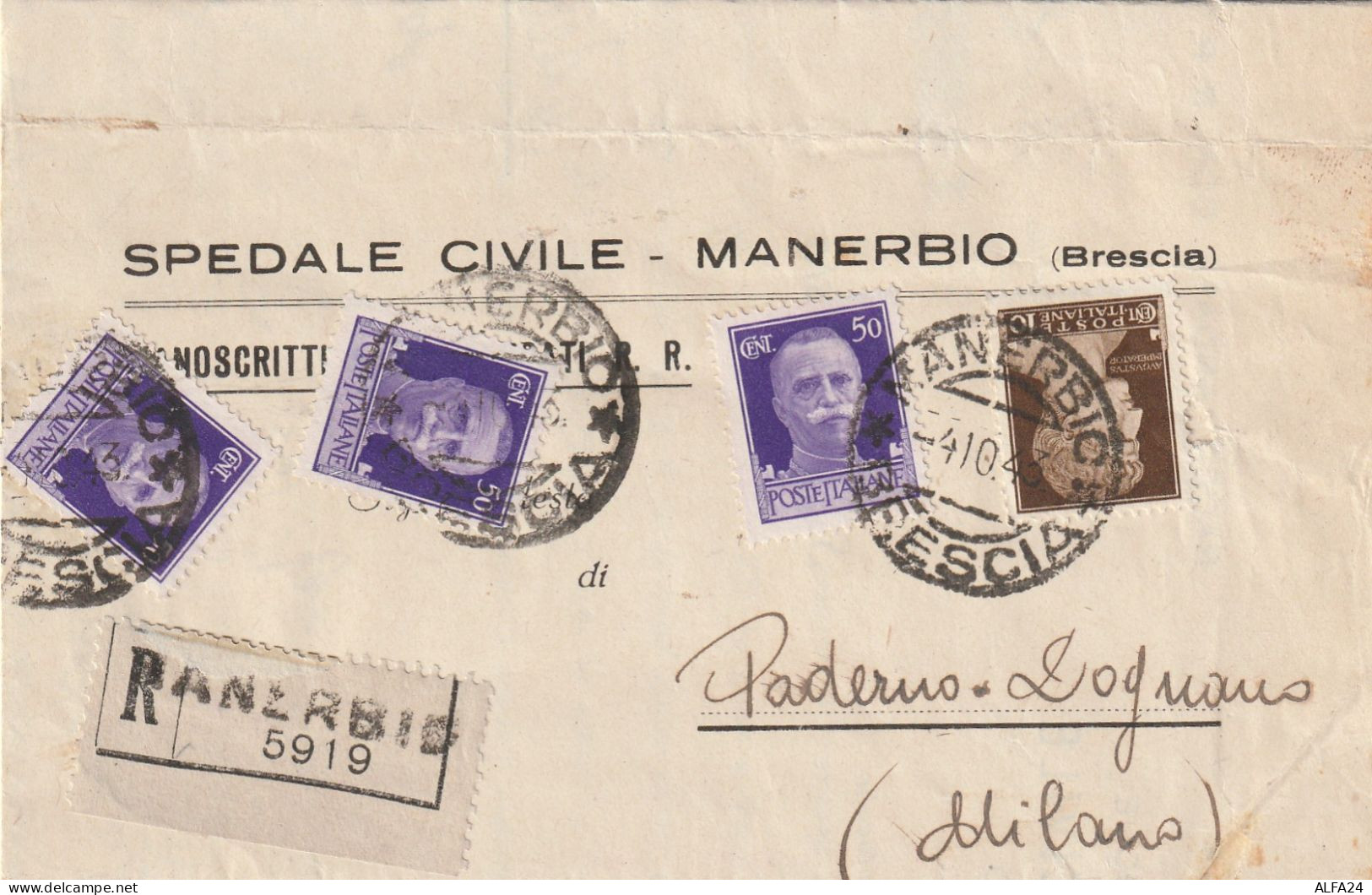 RACCOMANDATA 1943 RSI 3X50+10 TIMBRO MANERBIO BRESCIA PADERNO D'UGNANO (YK547 - Marcophilia