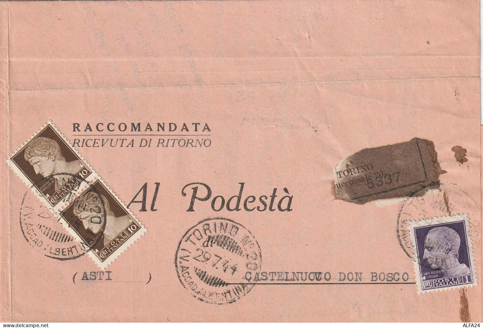 RACCOMANDATA RSI 1944 L.1+2X10 TIMBRO TORINO CASTELNUOVO DEL BOSCO (YK543 - Poststempel