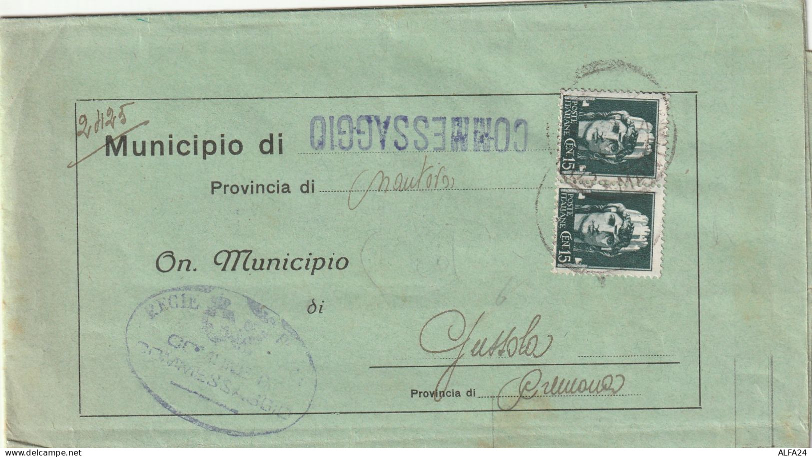 LETTERA DOPPIA SPEDIZIONE 1943 RSI C.30---2X15 TIMBRO GUSSOLACREMONA  (YK536 - Marcophilie