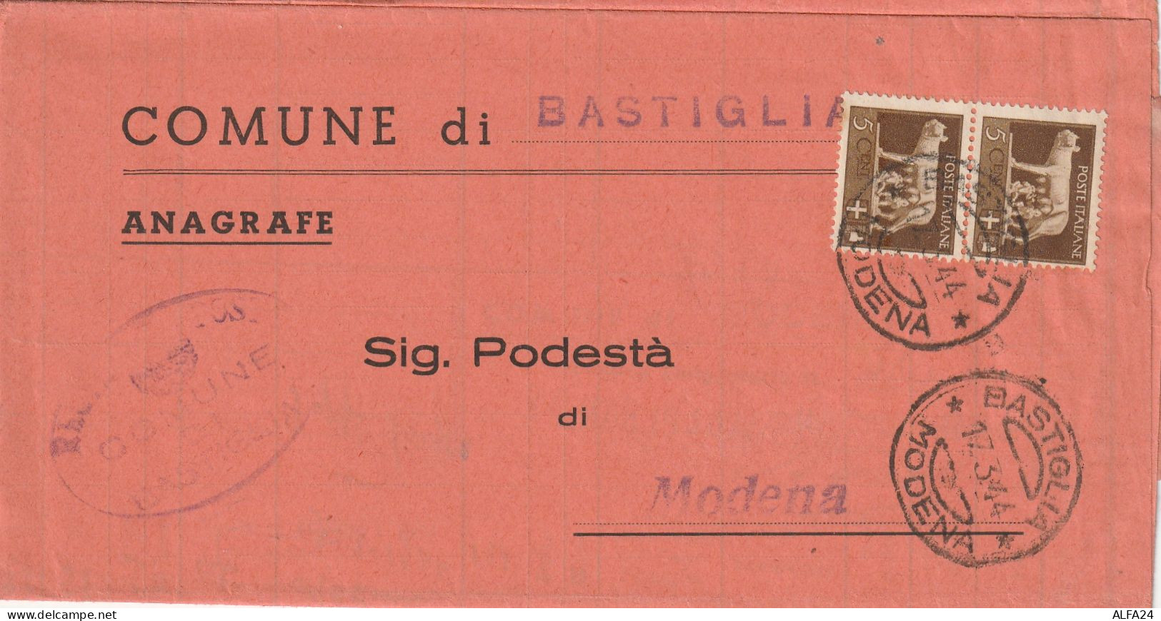 LETTERA DOPPIA SPEDIZIONE1944 RSI 2X5+TIMBRO ROSSO EMA MODENA TIMBRO BASTIGLIA MODENA (YK534 - Marcophilie