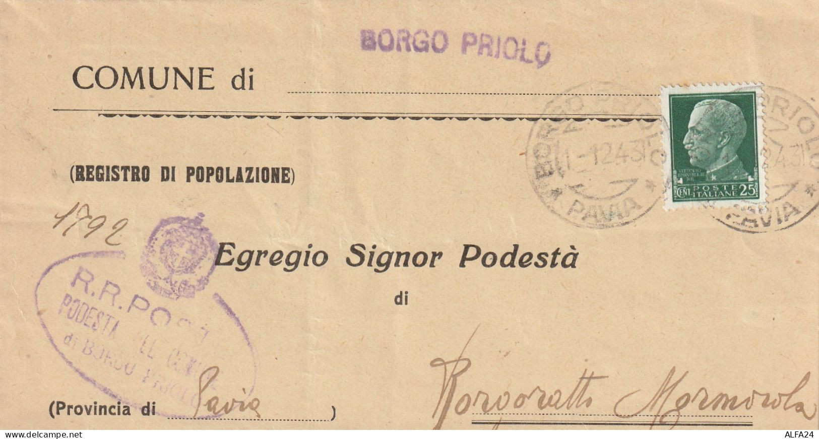 LETTERA 1943 RSI C.25 TIMBRO PAVIA  BORGO PRIOLO BORGORATTO (YK529 - Marcophilia