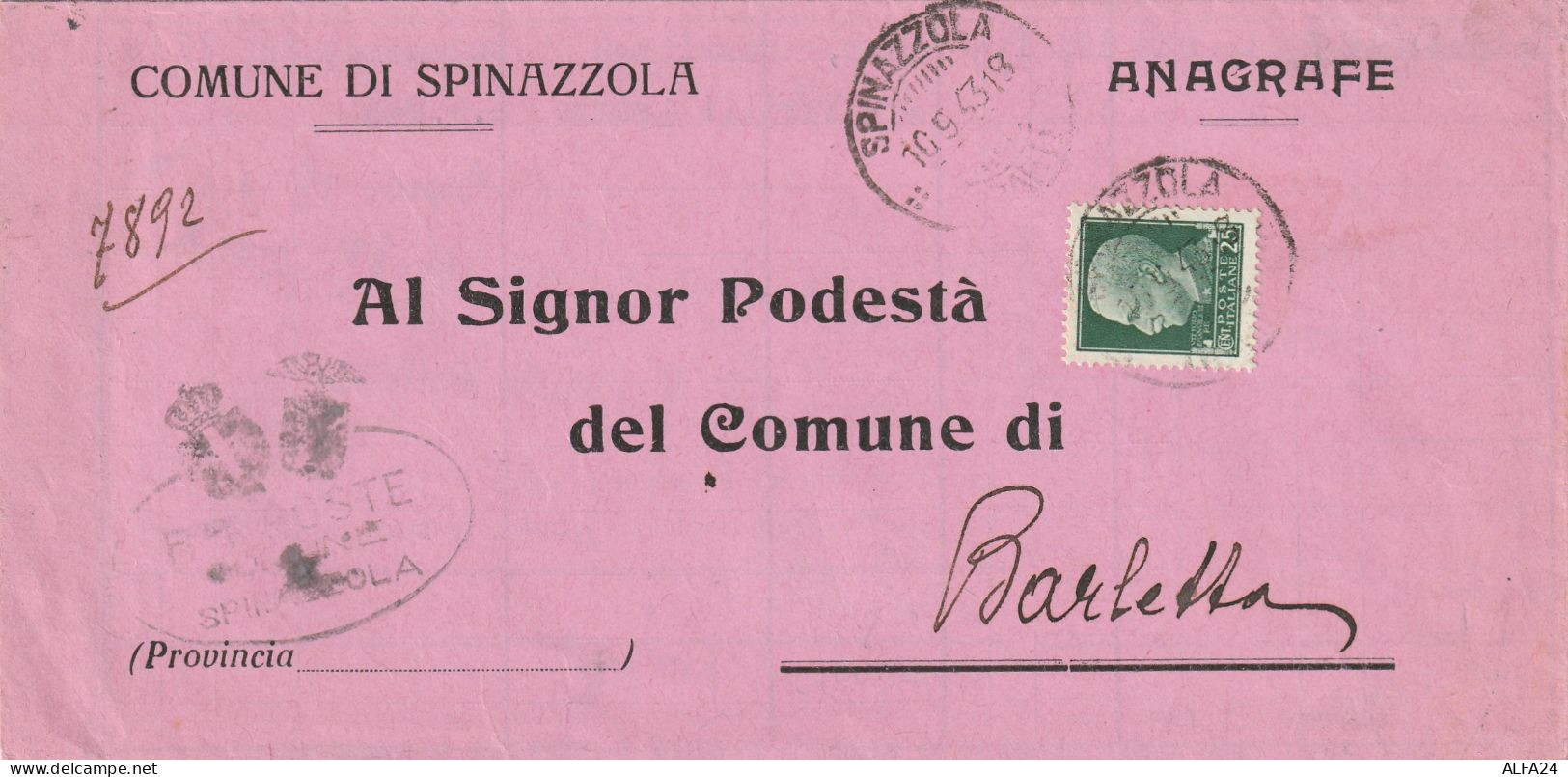 LETTERA DOPPIA SPEDIZIONE 1943 RSI C.25---C.10 TIMBRO SPINAZZOLA BARLETTA (YK530 - Marcophilie