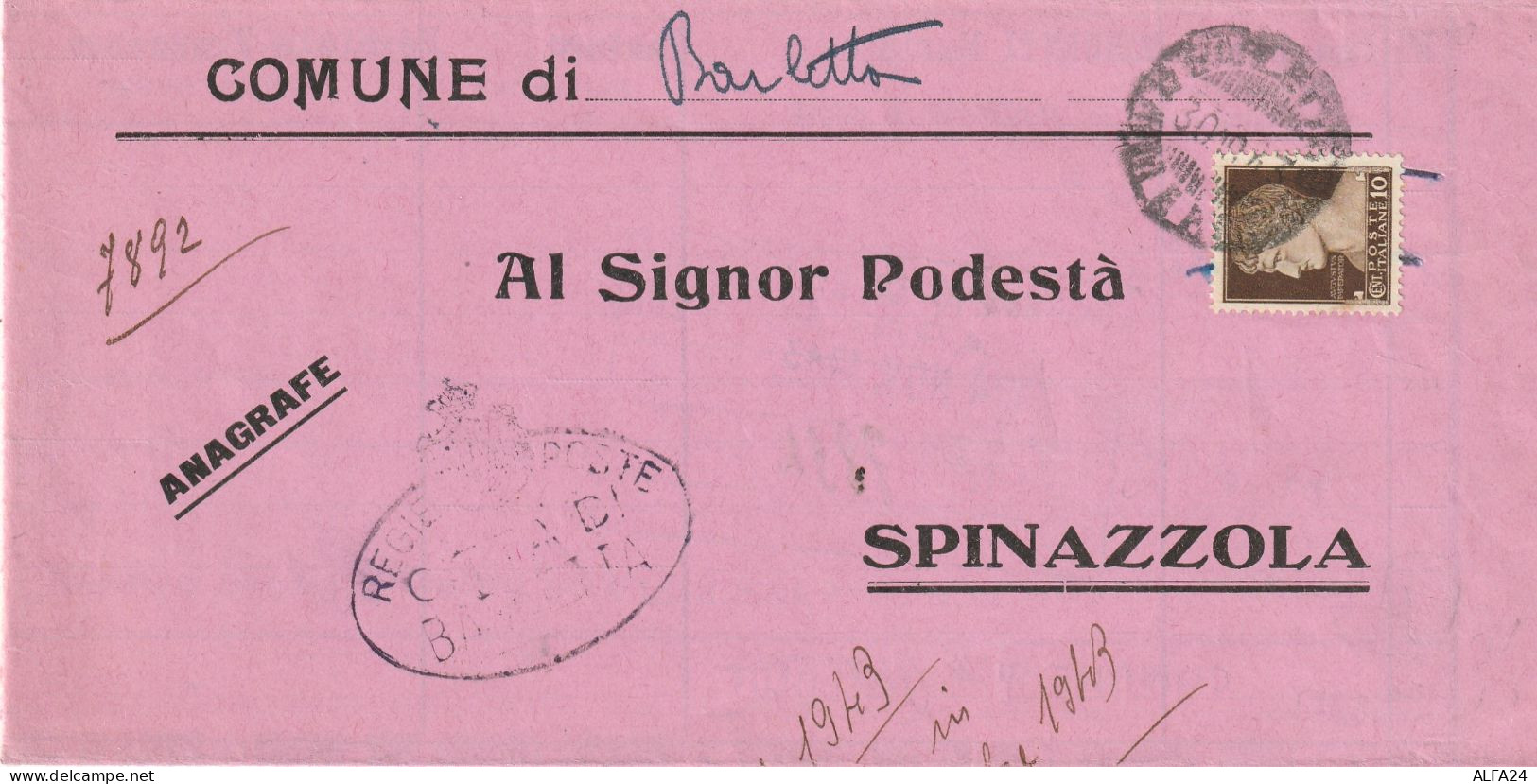 LETTERA DOPPIA SPEDIZIONE 1943 RSI C.25---C.10 TIMBRO SPINAZZOLA BARLETTA (YK530 - Marcophilie