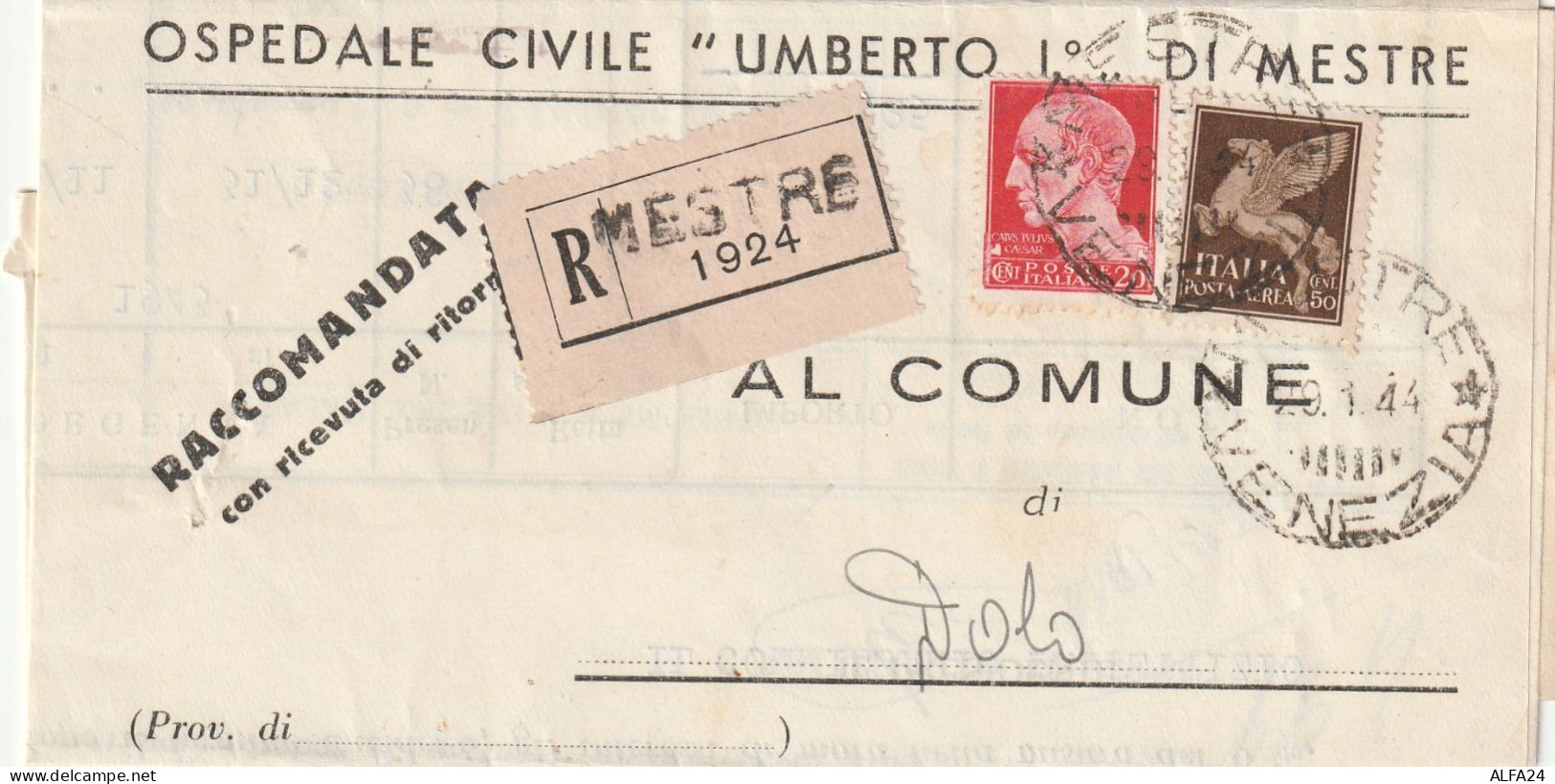 RACCOMANDATA 1944 RSI C.20+50 PA TIMBRO MESTRE VENEZIA DOLO (YK527 - Marcophilie