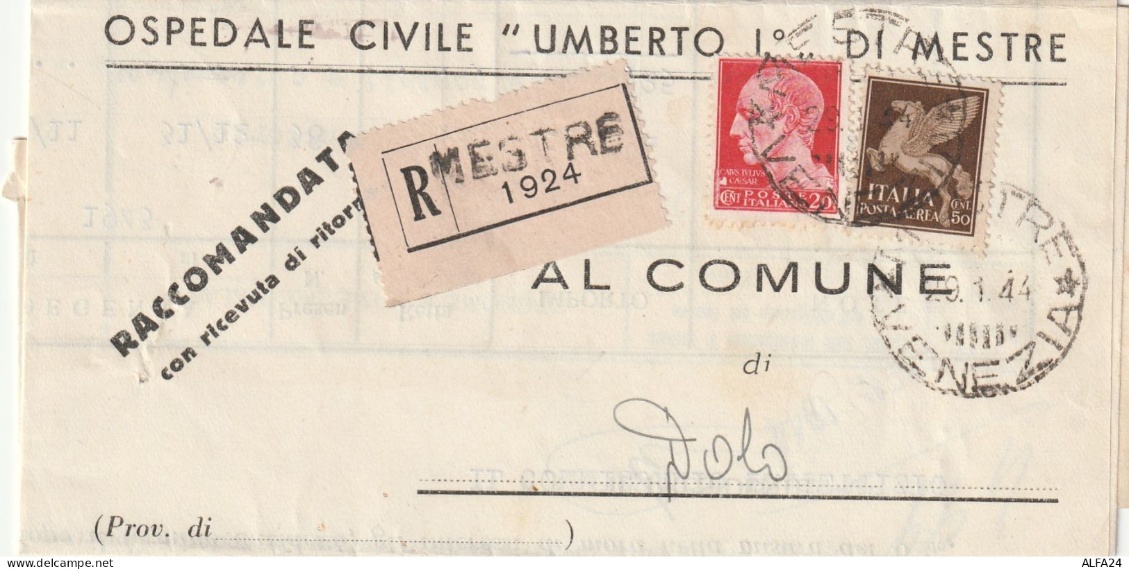 RACCOMANDATA 1944 RSI C.20+50 PA TIMBRO MESTRE VENEZIA DOLO (YK527 - Marcophilia