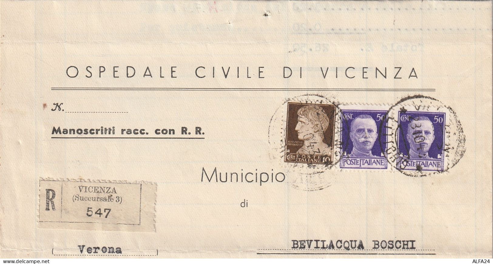 RACCOMANDATA 1943 RSI 2X10+10 TIMBRO VICENZA BEVILACQUA VERONA (YK525 - Marcophilie