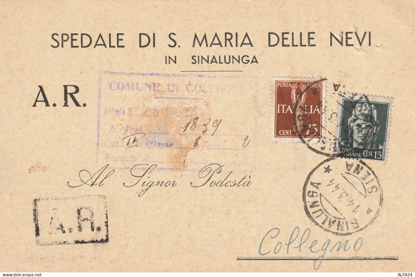 CARTOLINA POSTALE 1944 RSI C.15+75 PA TIMBRO SINALUNGA SIENA COLLEGNO (YK521 - Marcophilia