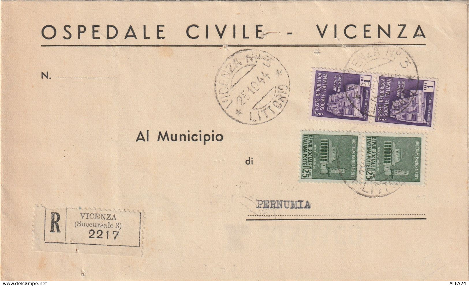 RACCOMANDATA 1944 RSI 2X25+2X1 TIMBRO VICENZA LITTORIO PERNUMIA PADOVA (YK515 - Poststempel
