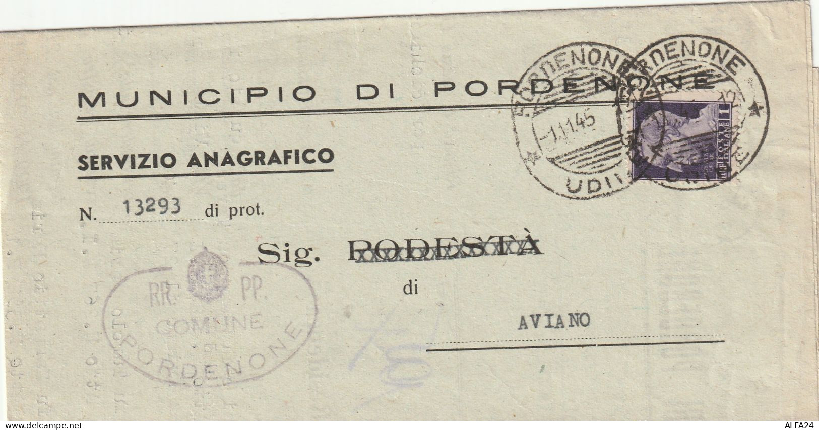 LETTERA 1945 LUOGOTENENZA L.1 TIMBRO PORDENONE UDINE AVIANO (YK518 - Marcophilia