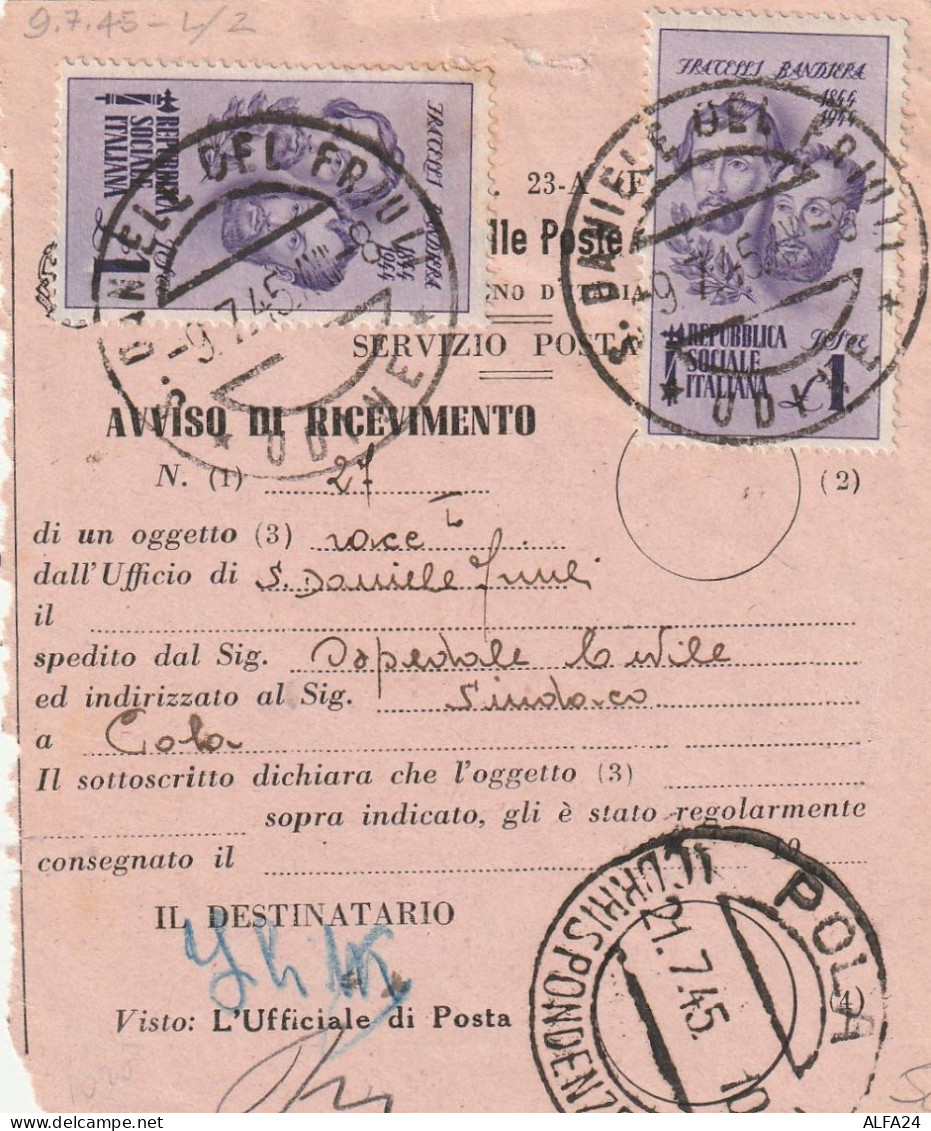 AVVISO RICEVIMENTO 1945 LUOGOTENENZA 2X1 F.BANDIERA TIMBRO SAN DANIELE DEL FRIULI POLA (YK504 - Poststempel