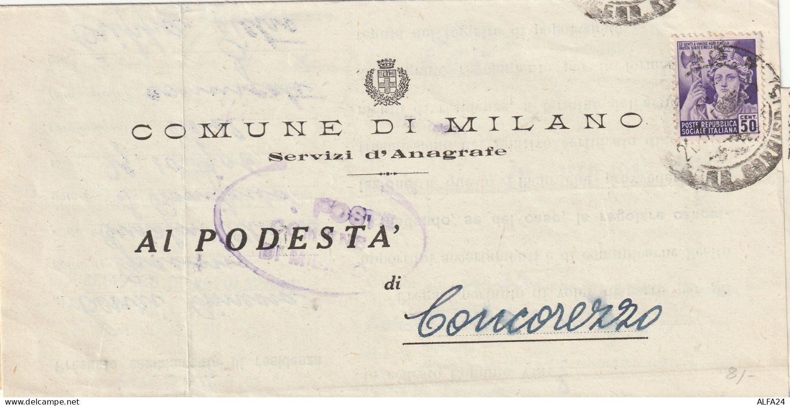 LETTERA 1945 RSI C.50 MON DIST TIMBRO CONCOREZZO MILANO (YK508 - Marcophilie