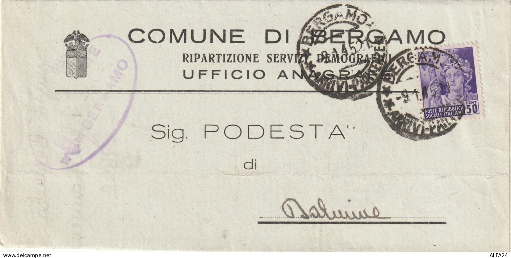 LETTERA 1945 RSI C.50 MON DIST TIMBRO BERGAMO DALMINE (YK510 - Marcofilía