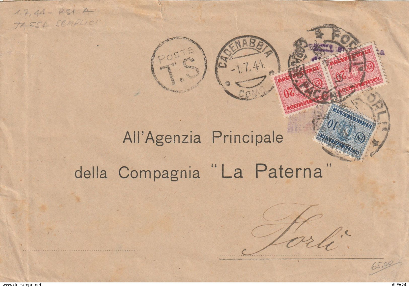 LETTERA 1944 RSI SEGNATASSE 10+2X20 TIMBRO CADENABBIA FORLI (YK501 - Marcophilie