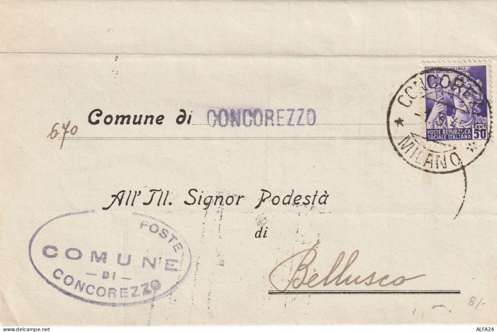 LETTERA 1945 RSI C.50 MON DIST TIMBRO CONCOREZZO MILANO BELLUSCO (YK507 - Marcophilie