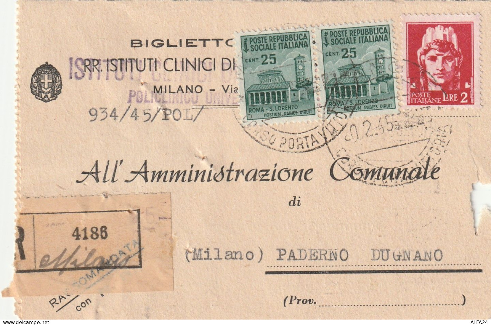 BIGLIETTO POSTALE 1945 RSI 2+2X25 MON DIST TIMBRO PADERNO D'UGNANO (YK506 - Marcophilia