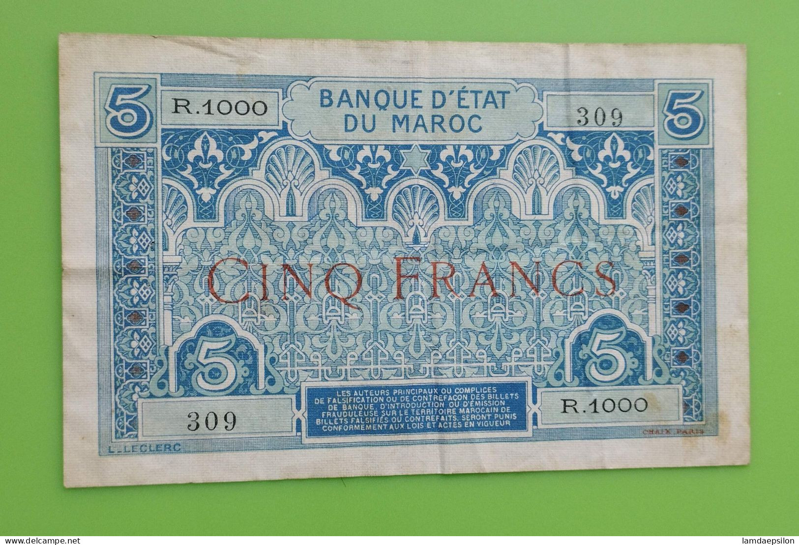 MAROC MOROCCO MARRUECOS MAROKKO BANQUE D'ETAT 5 FRANC 1924 RARE SIGNATURE - Morocco