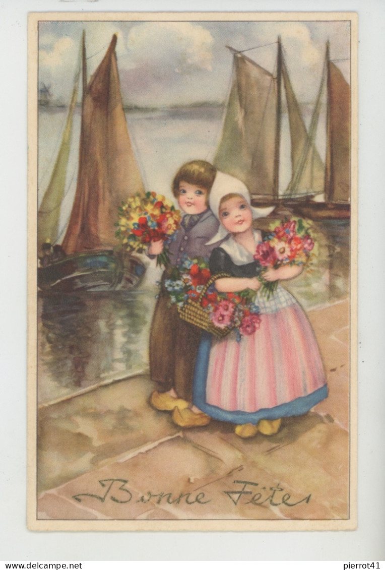 Illustrateur HANNES PETERSEN - Jolie Carte Fantaisie Enfants Hollandais Avec Fleurs Sur Les Quais Bateaux "Bonne Fête " - Petersen, Hannes