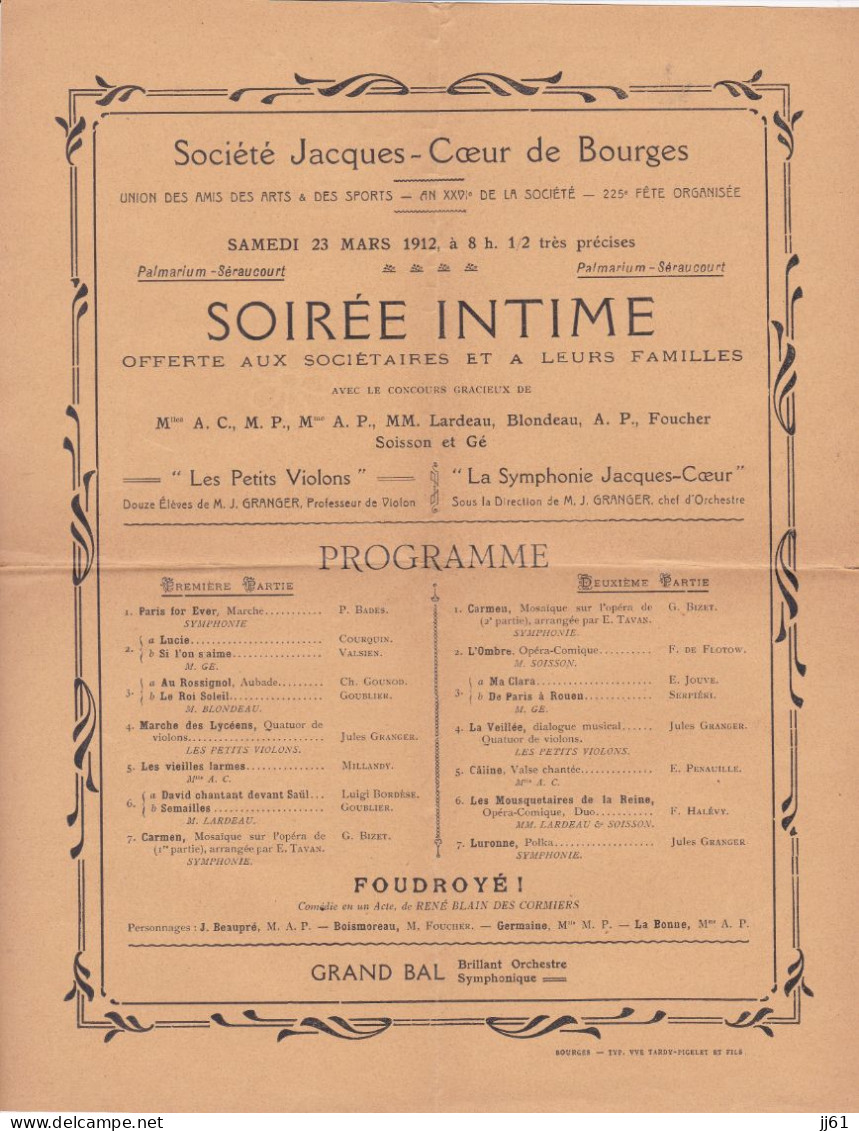 BOURGES PROGRAMME SOIREE INTIME UNION DES AMIS DES ARTS ET DES SPORTS ANNEE 1912 - Programma's