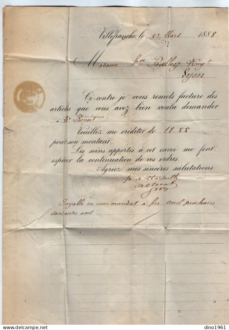 VP23.091 - 1888 - Lettre / Facture - Doublures A. MARSEILLE à VILLEFRANCHE ( Rhône ) Pour MONTPELLIER - Textile & Clothing