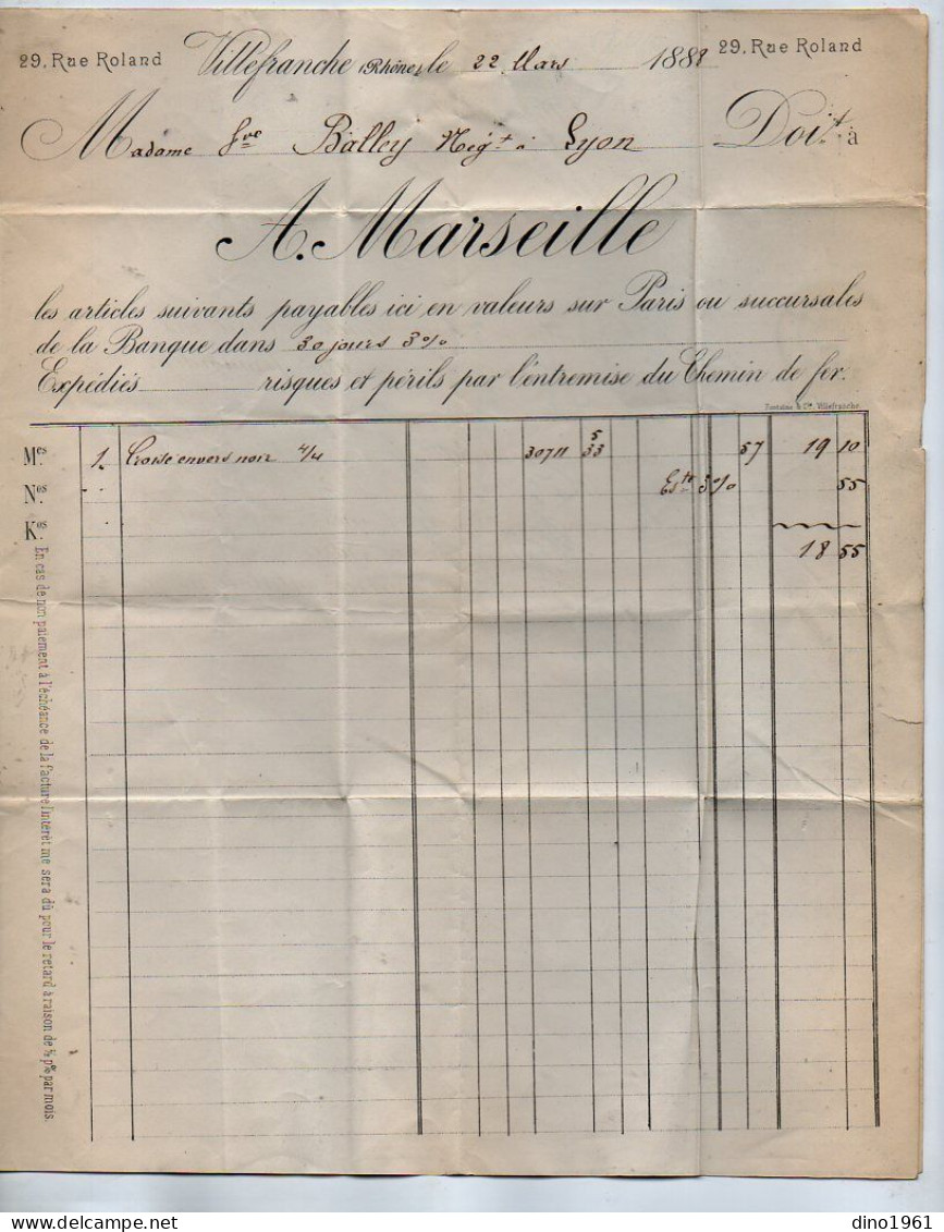 VP23.091 - 1888 - Lettre / Facture - Doublures A. MARSEILLE à VILLEFRANCHE ( Rhône ) Pour MONTPELLIER - Kleding & Textiel