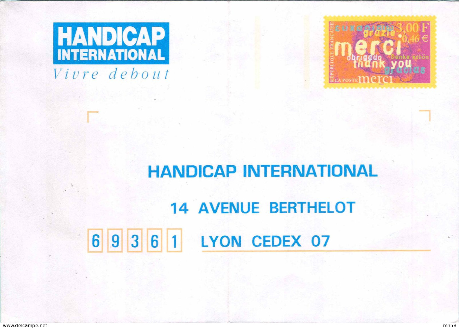 Entier FRANCE - PAP Enveloppe Réponse Handicap International Neuf ** - 3f00 / 0,46 € Merci - PAP: Antwoord