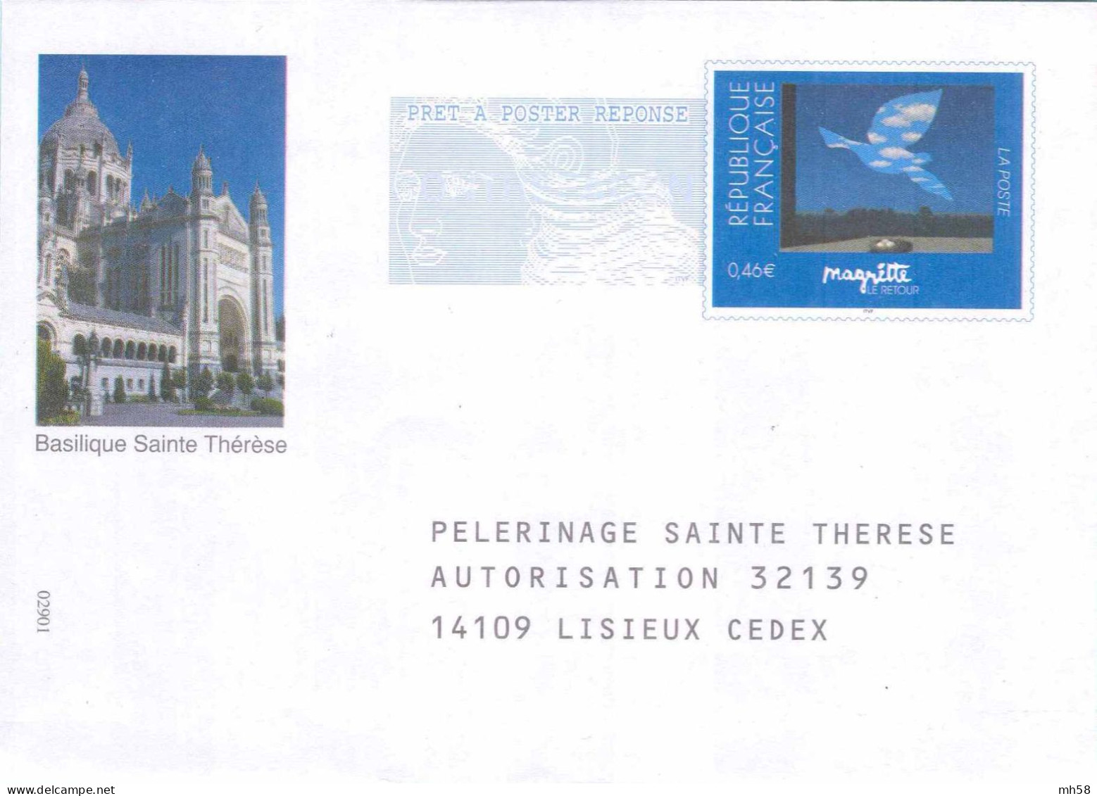 Entier FRANCE - PAP Enveloppe Réponse Pèlerinage Sainte Thérèse Basilique Neuf ** - 0,46 € Magritte - PAP : Risposta