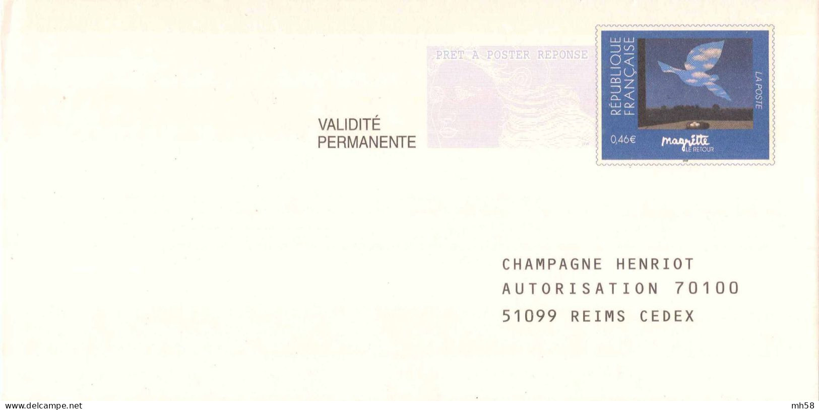 Entier FRANCE - PAP Enveloppe Réponse Champagne Henriot Neuf ** - 0,46 € Magritte - PAP: Antwort