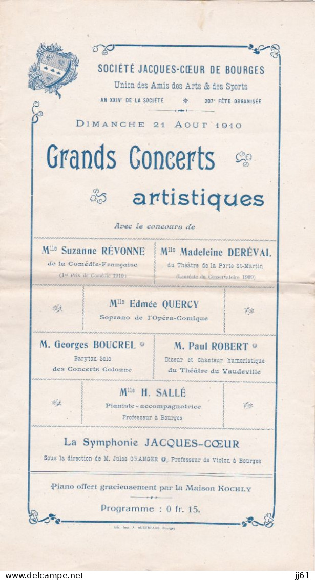 BOURGES PROGRAMME CONCERTS ARTISTIQUES UNION DES AMIS DES ARTS ET DES SPORTS ANNEE 1910 - Programma's