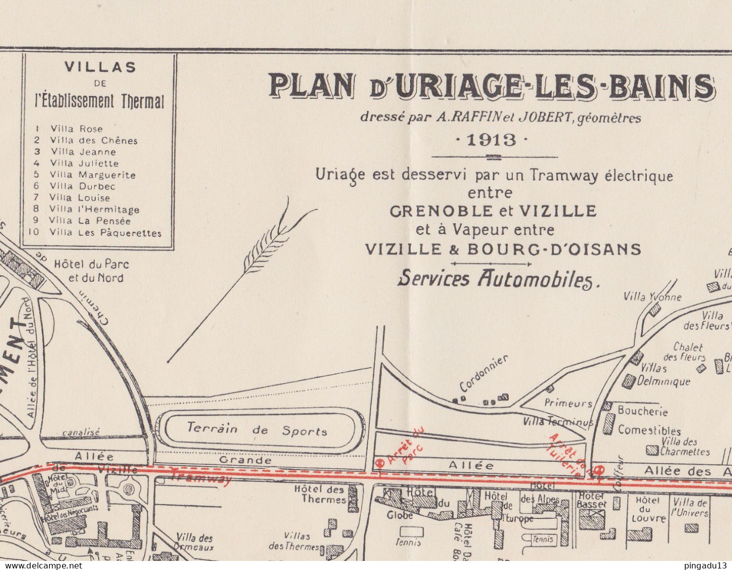 Fixe Plan Année 1913 Ville Uriage Les Bains Tracé Tramway - Europe