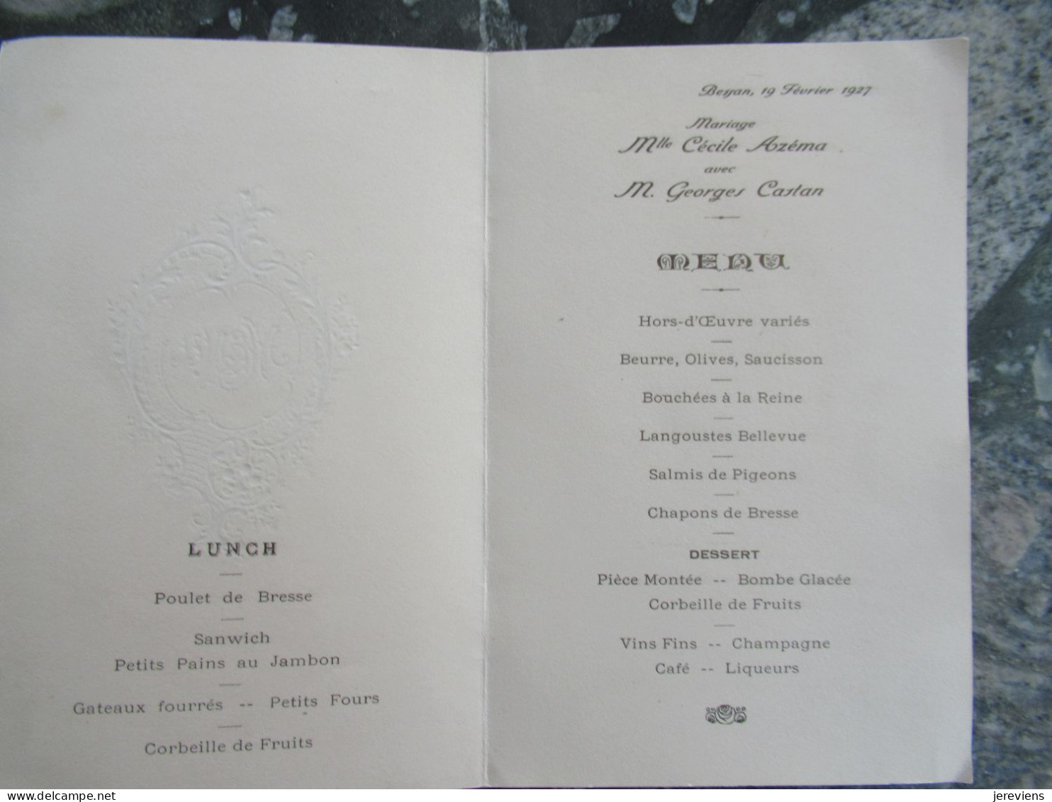 Familles Azema Et Castan Bessan 19fev 1927 - Menu