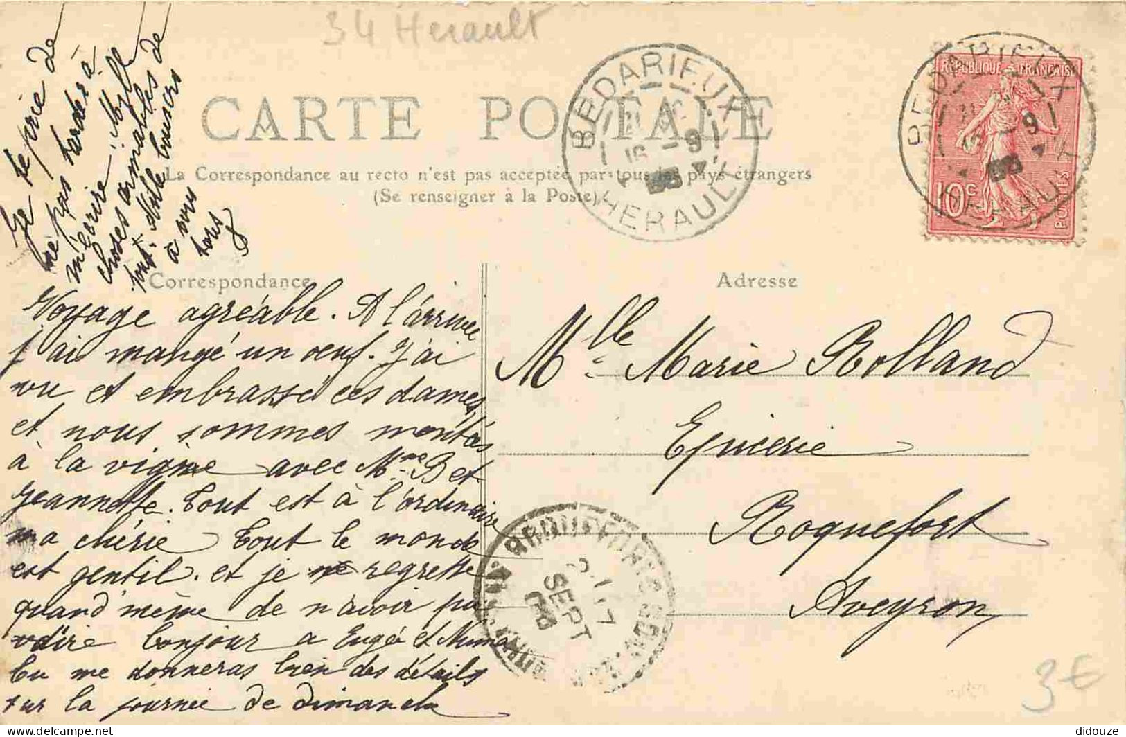 34 - Bédarieux - Hotel De Ville - Correspondance - CPA - Oblitération Ronde De 1905 - Voir Scans Recto-Verso - Bedarieux