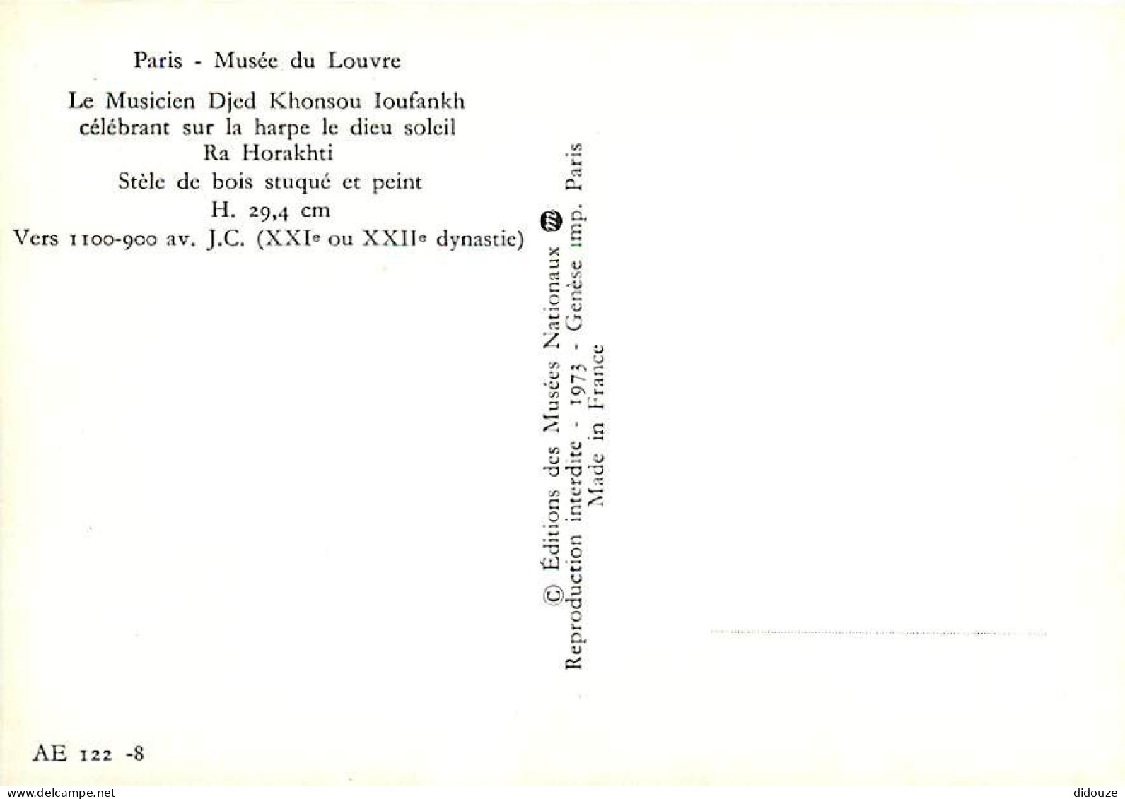 Art - Antiquité - Egypte - Musée Du Louvre - Le Musicien Djed Khonsou Loufankh Célébrant Sur La Harpe Le Dieu Soleil Ra  - Antiek