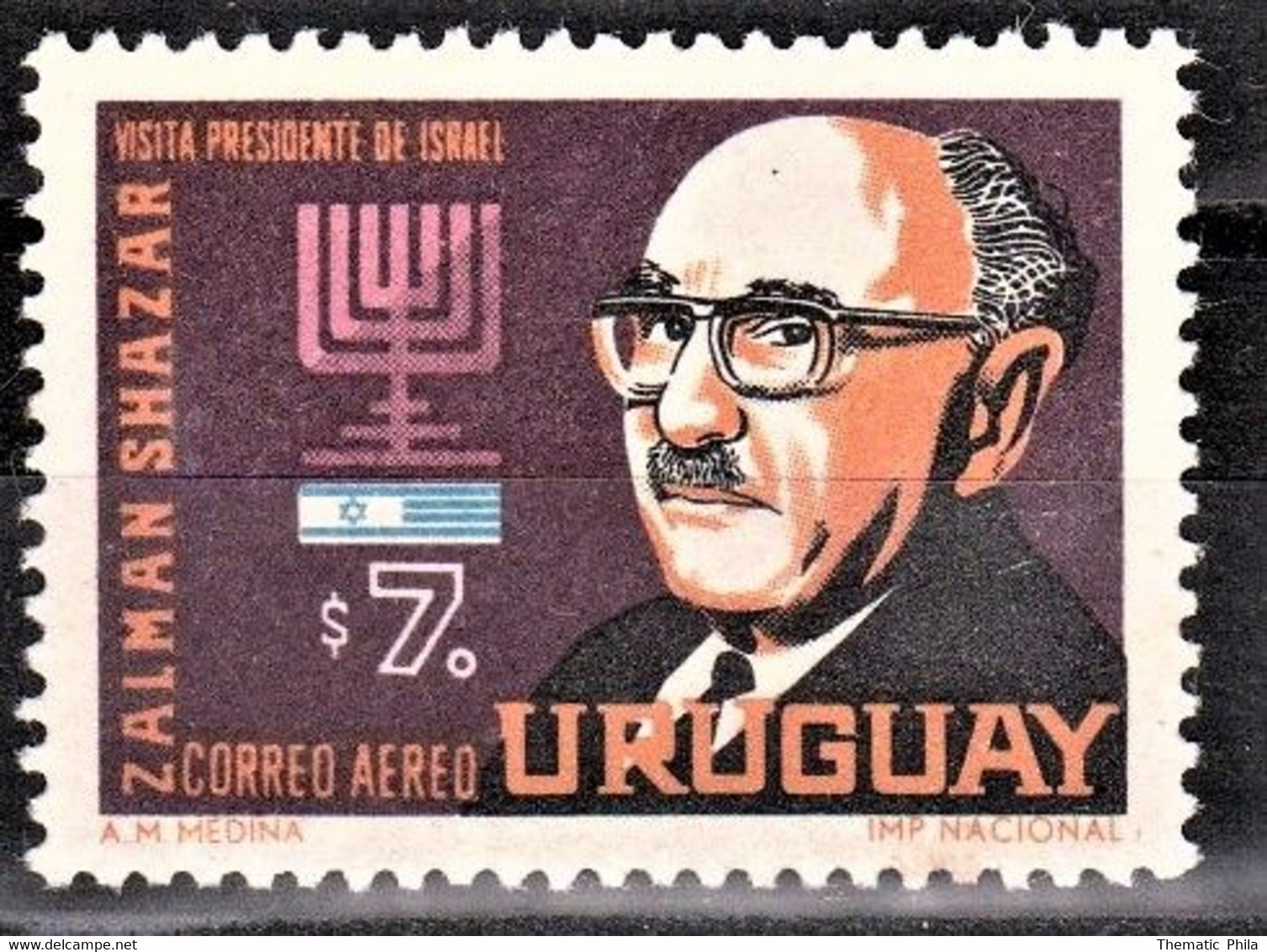 Uruguay 1966 Mnh - Israel President Zalman Shazar  - Yvert Air Mail A282 - Uruguay