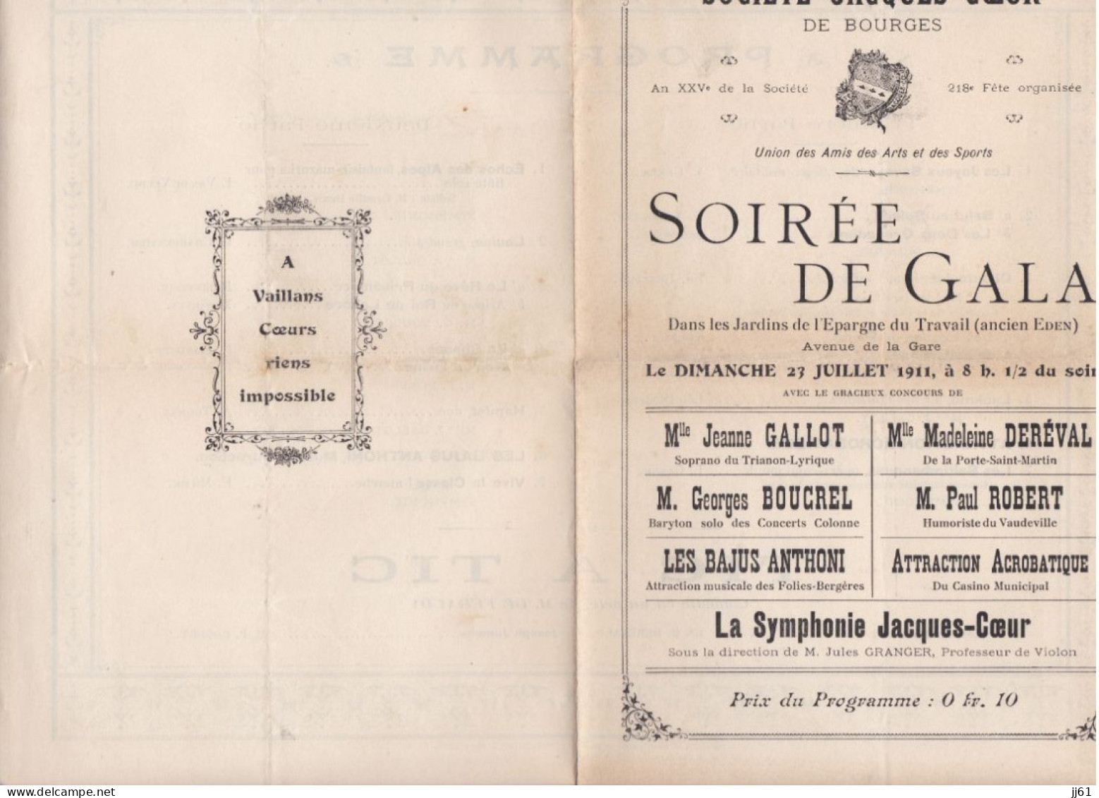 BOURGES PROGRAMME SOCIETE JACQUES COEUR SOIREE DE GALA ANNEE 1911 COMEDIE TIC TAC - Programma's