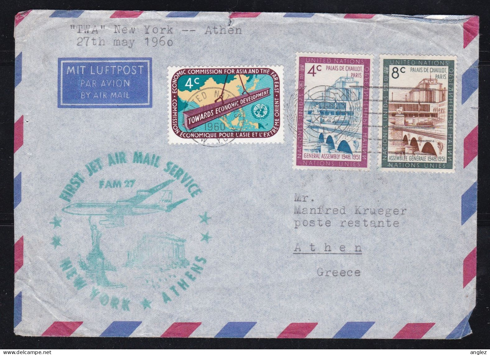 United Nations New York - 1960 Airmail Cover First Jet Airmail Sevice To Athens Greece - Cartas & Documentos