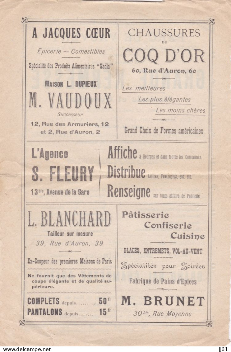 BOURGES PROGRAMME KERMESSE PARC DE VAUVERT ANNEE 1910 CONCOUR DE TIR FOIRE AUX PAINS D EPICES PUB VAUDOUX BRUNET - Programma's