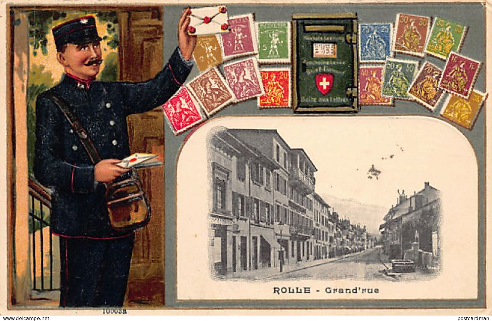 ROLLE (VD) Grand'rue - Postier - Carte Gaufrée - Ed. H. Guggenheim 10003a - Rolle
