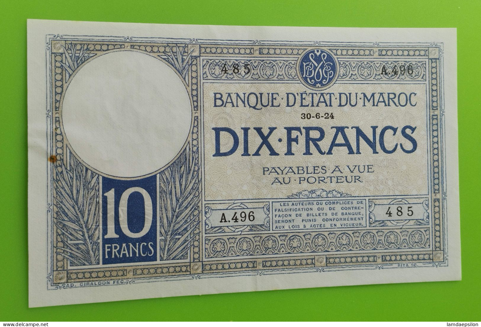 MAROC MOROCCO MARRUECOS MAROKKO BANQUE D'ETAT 10 FRANC 30-6-1924 RARE SIGNATURE NEUF OU PRESQUE NEUF - Marokko