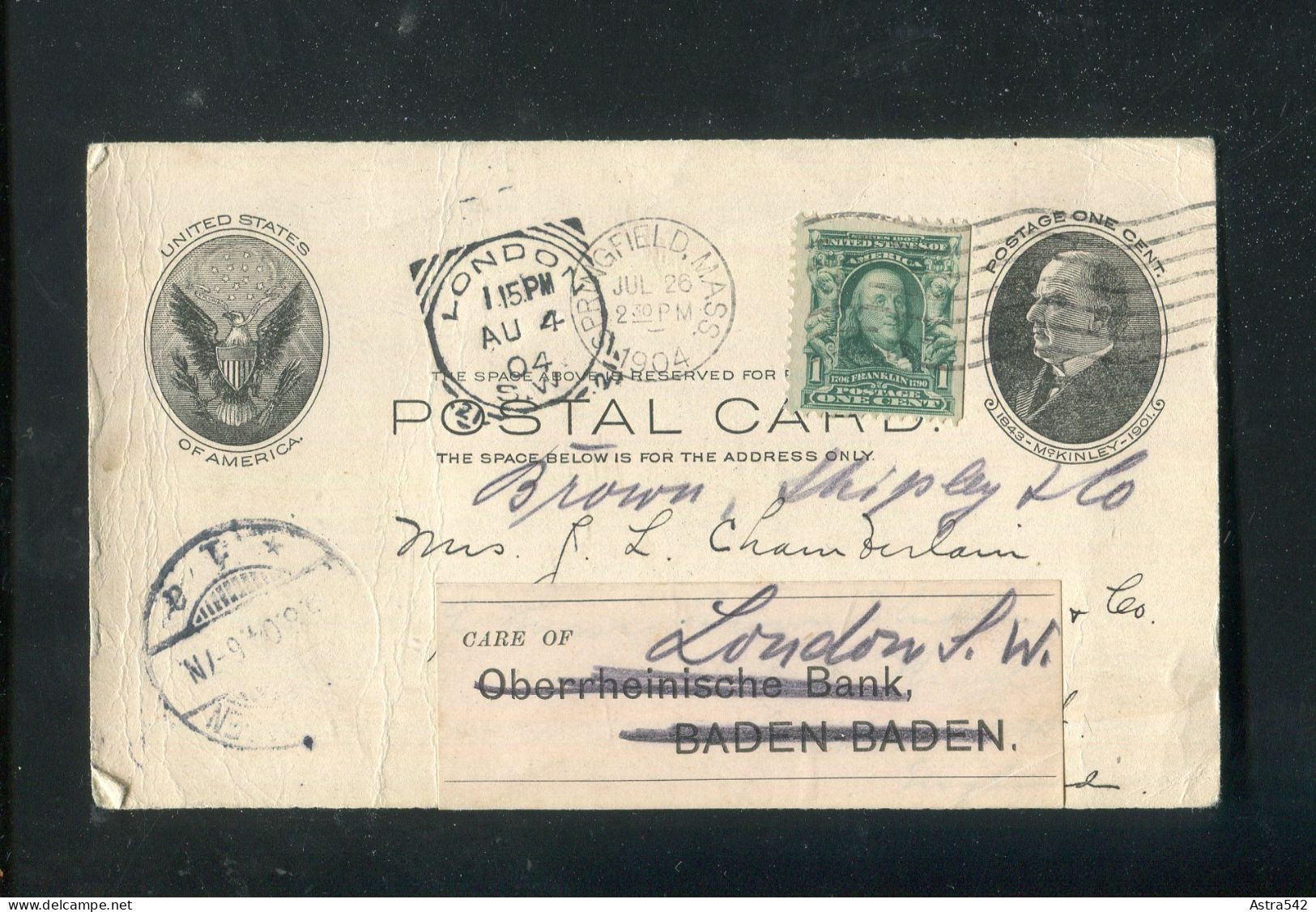 "USA" 1904, Postkarte Mit Zusatzfrankatur Ex Springfield Nach Baden-Baden, Von Dort Weiterleitung Nach London (A1056) - 1901-20