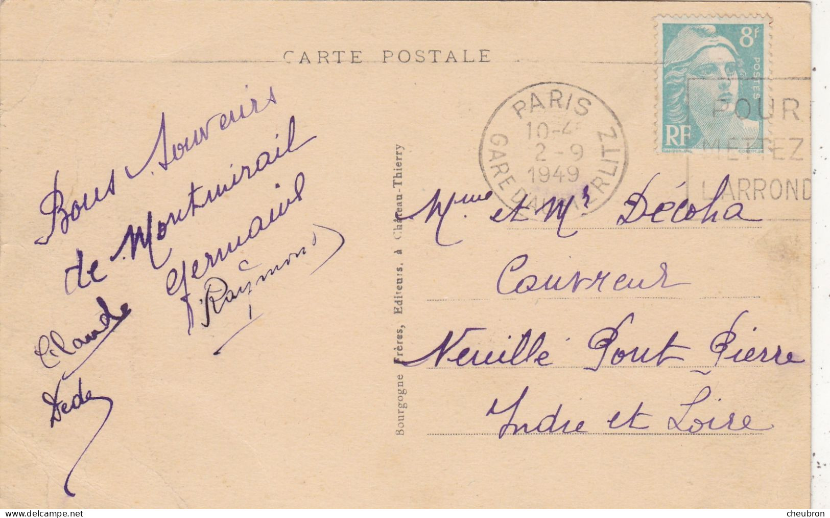 51. MONTMIRAIL. CPA  PLACE DE LA GARE. ANIMATION. ANNEE 1949 + TEXTE - Montmirail