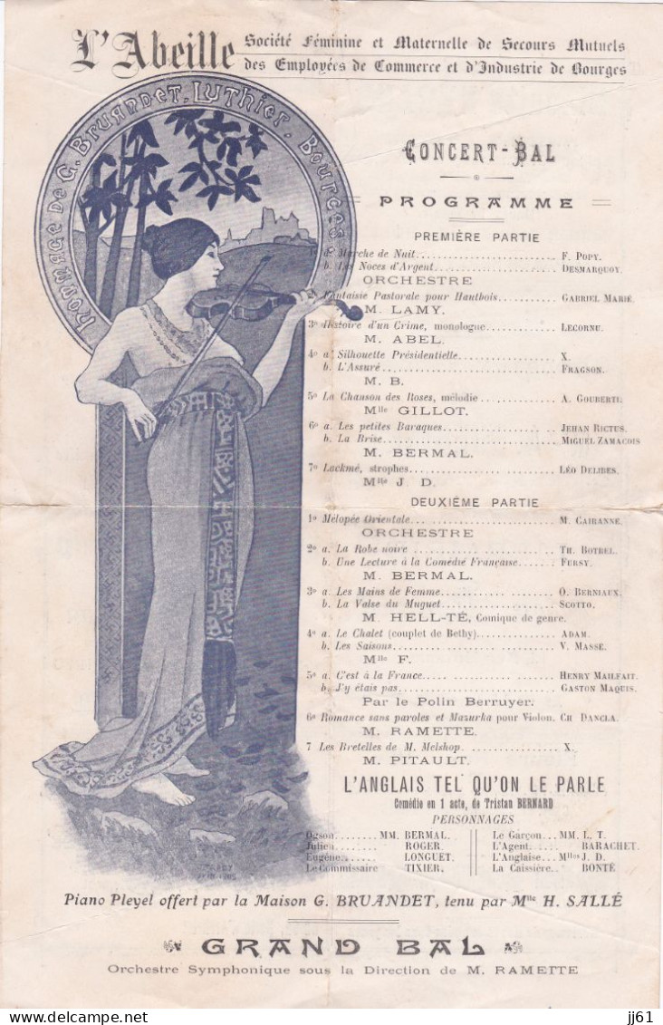 BOURGES PROGRAMME L ABEILLE SOCIETE FEMININE DES EMPLOYES DE COMMERCE ANNEE 1910 PUB BISCUITS NERAND PETIT TEIGNY RENAUD - Programmes