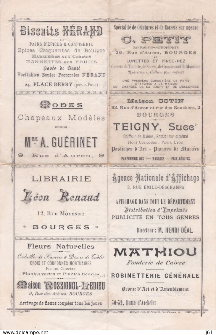 BOURGES PROGRAMME L ABEILLE SOCIETE FEMININE DES EMPLOYES DE COMMERCE ANNEE 1910 PUB BISCUITS NERAND PETIT TEIGNY RENAUD - Programmes